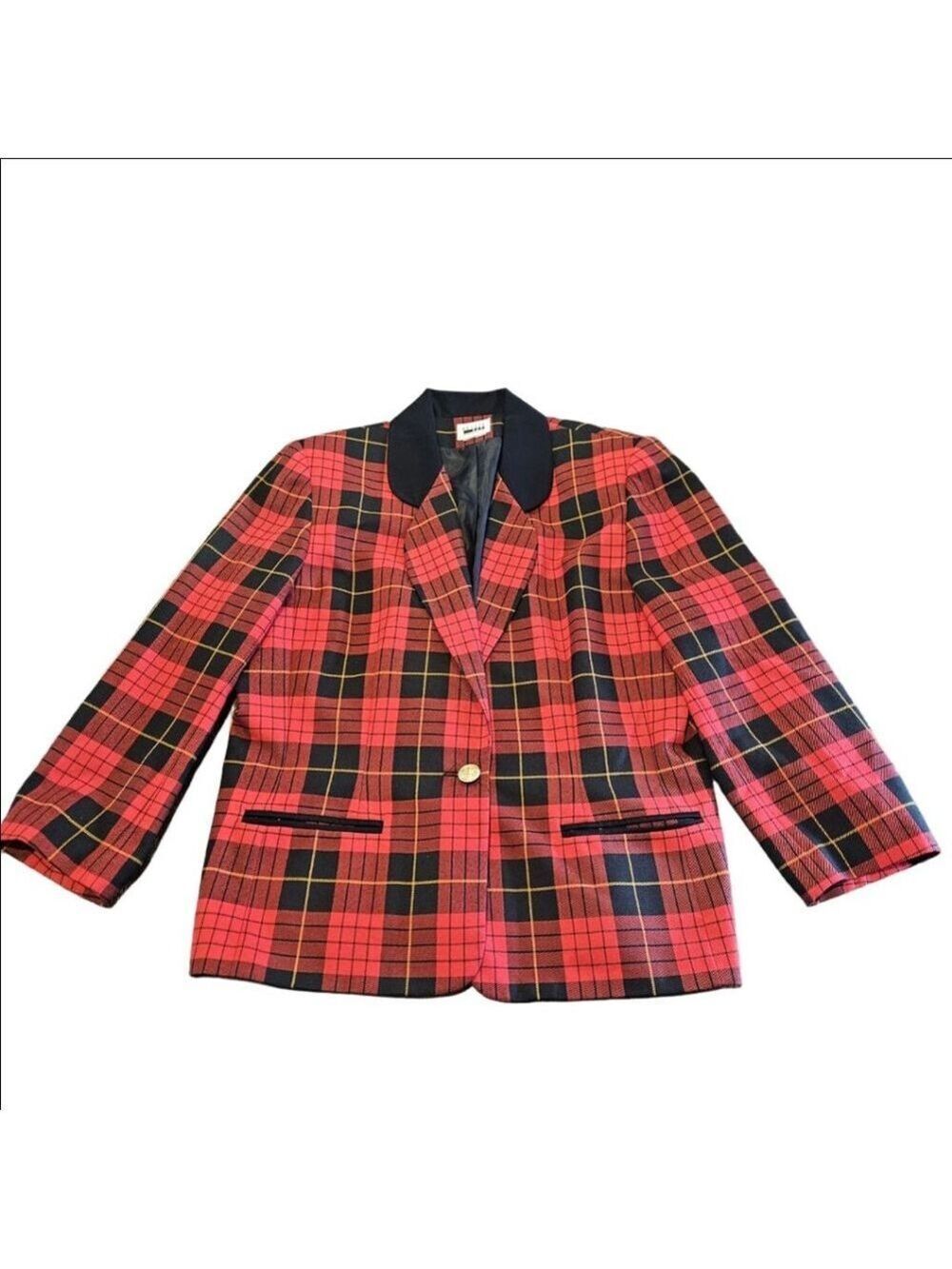 Women's Leslie Fay Red Black Gold Plaid Blazer 12/14